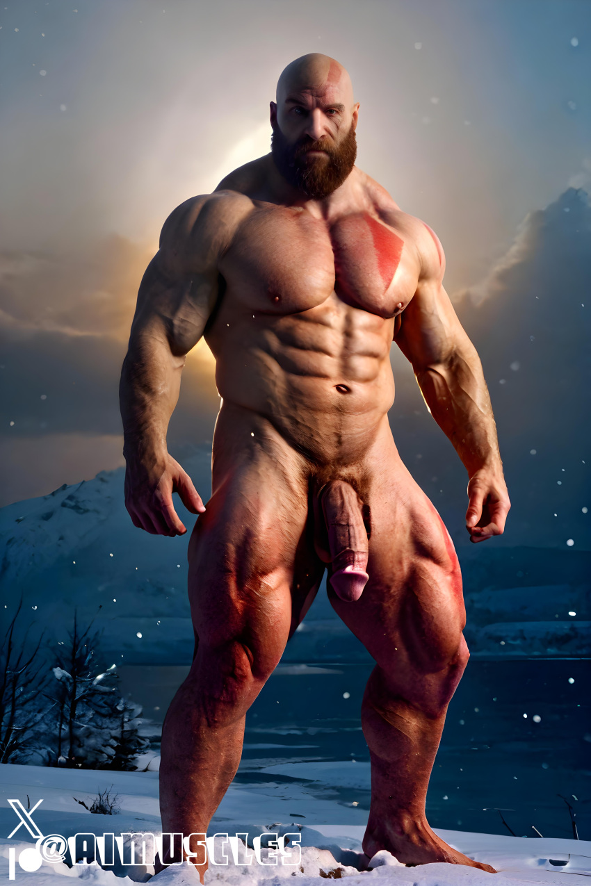 1boy ai_generated aimuscles bald bald_man bara beard big_penis completely_naked completely_nude completely_nude_male daddy dilf facial_hair god_of_war kratos large_penis looking_at_viewer male male_focus male_only mature_male muscles muscular muscular_arms muscular_ass muscular_back muscular_legs naked naked_male nature nature_background nude nude_male older_male outdoor_nudity outdoors penis public public_exposure red_markings snow snowy_background winter