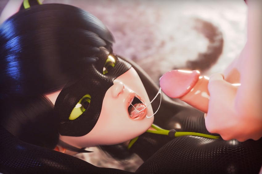 1girls 3d 3d_(artwork) accurate_art_style blue_hair cum cum_in_mouth cum_string cumshot domino_mask eye_mask female female_focus green_eyes ladynoir_(character) marinette_dupain-cheng miraculous:_tales_of_ladybug_and_cat_noir miraculous_ladybug open_mouth partial_male penis pumpkincat straight superheroine tagme