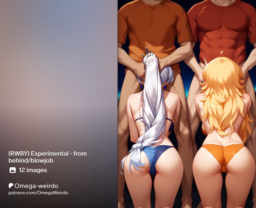 2girls 2girls2boys ai_generated bikini blonde_hair from_behind holding_hair long_hair omega-weirdo patreon ponytail rwby weiss_schnee white_hair yang_xiao_long