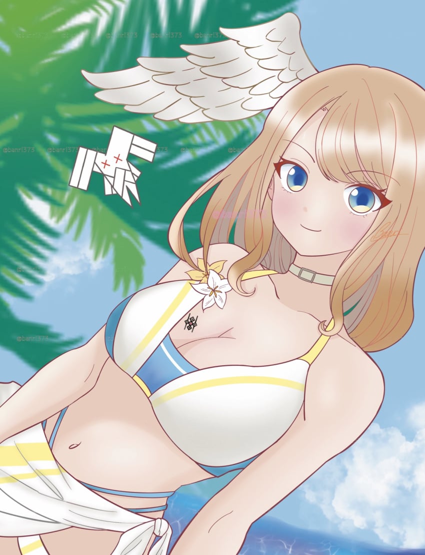 banri37 bikini blush breast_tattoo breasts eunie_(xenoblade) female female_only looking_at_viewer nintendo solo swimsuit tattoo tomboy wings wings_on_head xenoblade_(series) xenoblade_chronicles_3