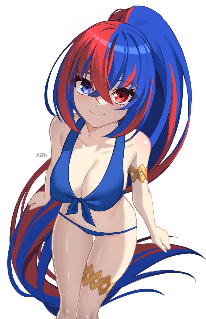 absurdres alear_(female)_(fire_emblem) alear_(fire_emblem) alternate_costume alternate_hairstyle bikini blue_bikini blue_eyes blue_hair blue_swimsuit braid breasts crossed_bangs crown_braid female female_only fire_emblem fire_emblem_engage front-tie_bikini_top front-tie_top gold_thighlet hair_between_eyes heterochromia highres large_breasts long_hair looking_at_viewer multicolored_hair nintendo official_alternate_hairstyle red_eyes red_hair smile solo split-color_hair swimsuit two-tone_hair very_long_hair x_xith_x