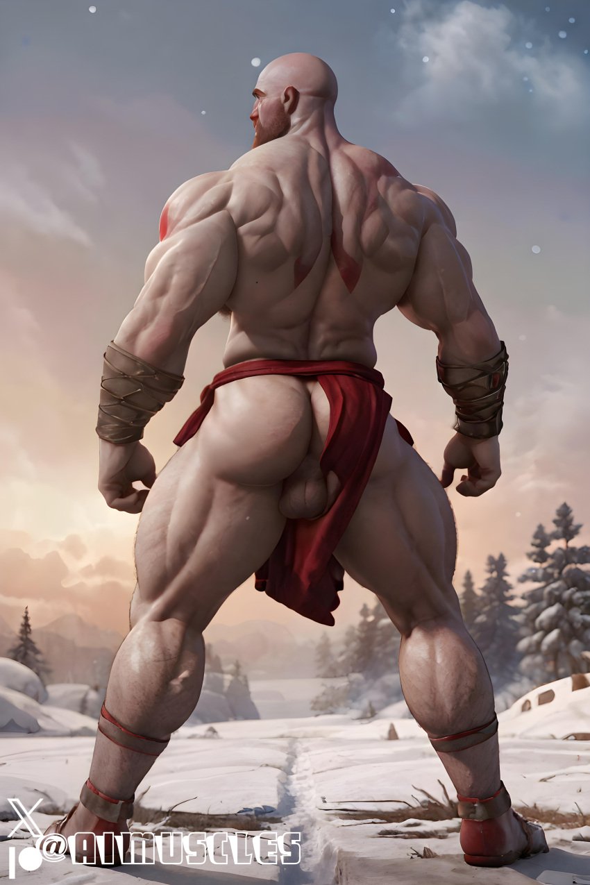 1boy ai_generated aimuscles ass_visible_under_skirt back_view bald bald_man bara bare_ass barely_clothed barely_covered beard big_ass big_butt bubble_ass bubble_butt daddy dilf exposed_ass facial_hair from_behind god_of_war kratos large_ass large_butt looking_at_viewer looking_back_at_viewer male male_focus male_only mature_male muscles muscular muscular_arms muscular_ass muscular_back muscular_legs nature nature_background older_male outdoor_nudity outdoors partially_clothed_male partially_nude partially_undressed public_exposure red_markings red_skirt round_ass round_butt scantily_clad seductive seductive_pose showing_ass showing_off_ass slutty_clothing slutty_outfit slutty_pose snow snowy_background thick_ass thick_thighs warrior winter