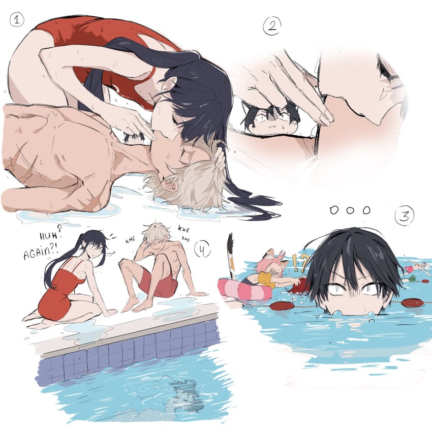 1girls arataki_itto bennett_(genshin_impact) cpr diluc_(genshin_impact) diona_(genshin_impact) drowning english_text female genshin_impact in_water jealous jealous_male jealousy kissing kuki_shinobu lifeguard lifeguard_swimsuit long_hair male male/female mona_(genshin_impact) mouth_to_mouth multiple_boys multiple_panels one-piece_swimsuit one_piece_suit pool poolside saving_life scaramouche_(genshin_impact) submerged swimsuit twintails watching