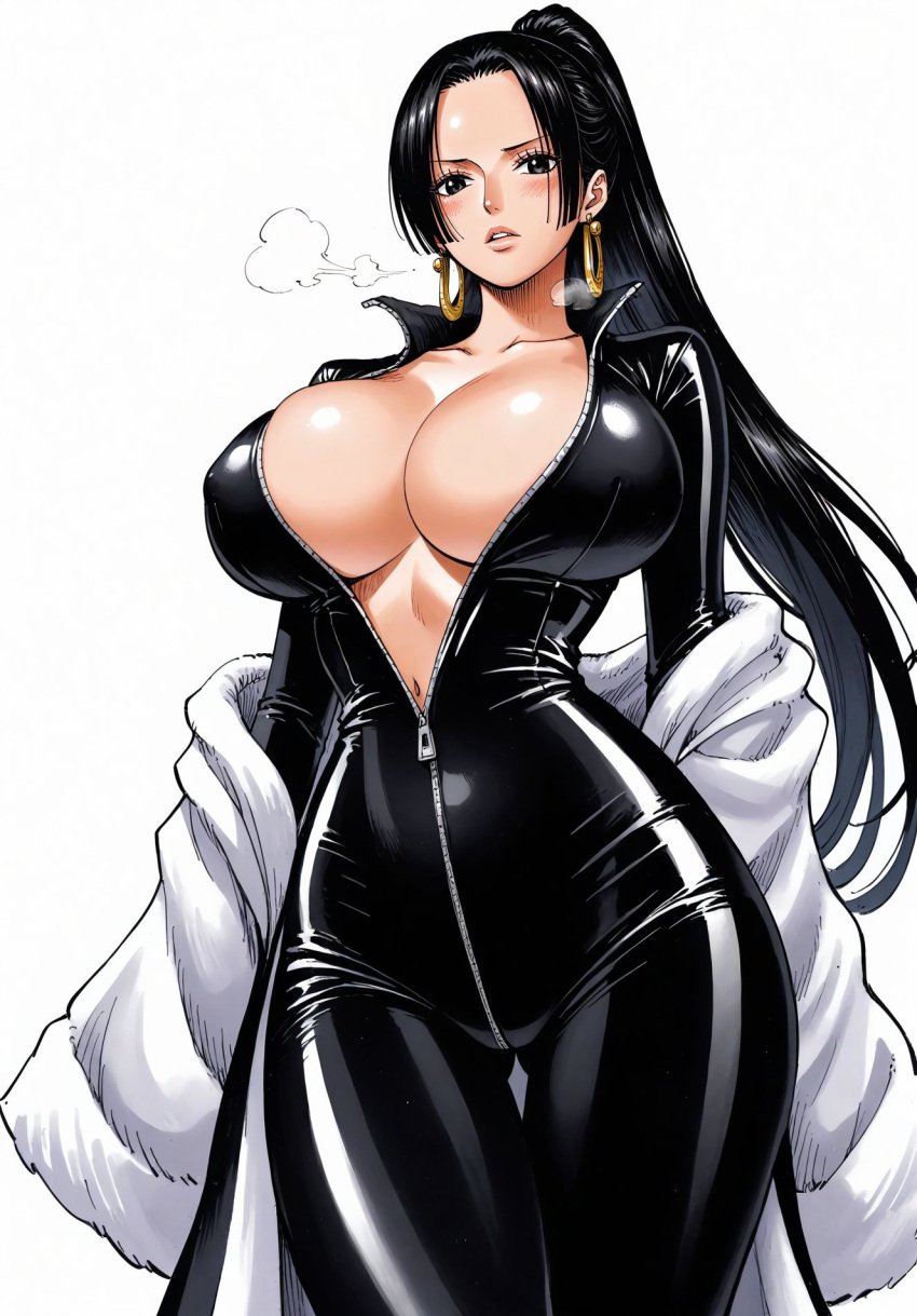 ai_generated alluring belly_button_visible_through_clothing big_breasts black_bodysuit black_eyes black_hair blush boa_hancock bodysuit breasts cameltoe earring earrings female female_only latex long_hair looking_at_viewer one_piece open_zipper ponytail seducing seduction seductive seductive_body seductive_eyes seductive_gaze seductive_look seductive_mouth seductive_pose shiny_hair shiny_skin shiny_suit skin_tight snake_earrings steamy_breath voluptuous voluptuous_female white_clothes yashin