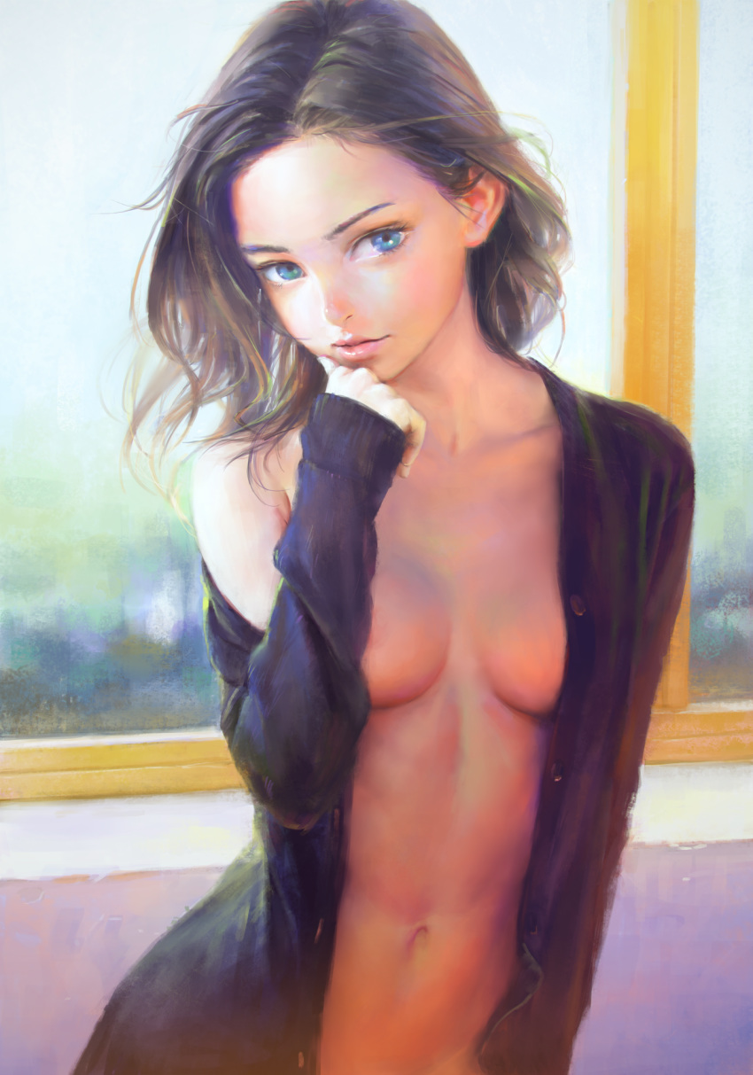 1girls blue_eyes brown_hair cleavage cute female female_only nababa navel open_clothes painting_(artwork) realistic short_hair solo