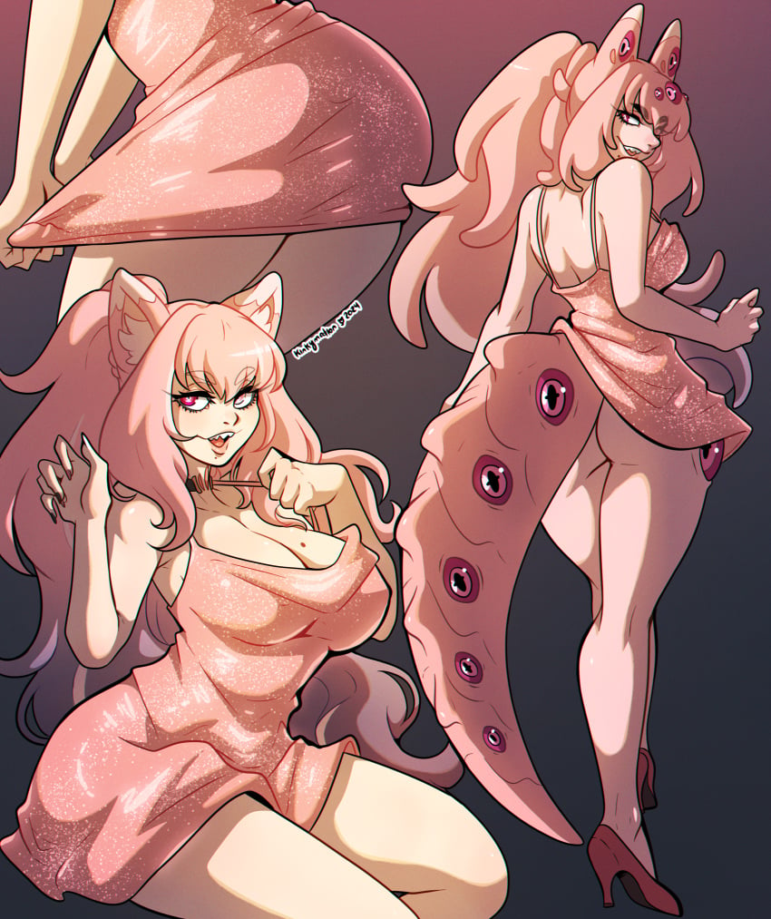 1girls alien alien_girl ass ass cat_ears cleavage dress elegant_dress female female_only heels heterochromia hi_res kinkymation lilyggoth_(kinkymation) long_hair mole mole_on_breast multiple_views no_panties no_panties_under_dress pink_dress pink_eyes pink_hair ponytail purple_eyes sharp_teeth solo tail