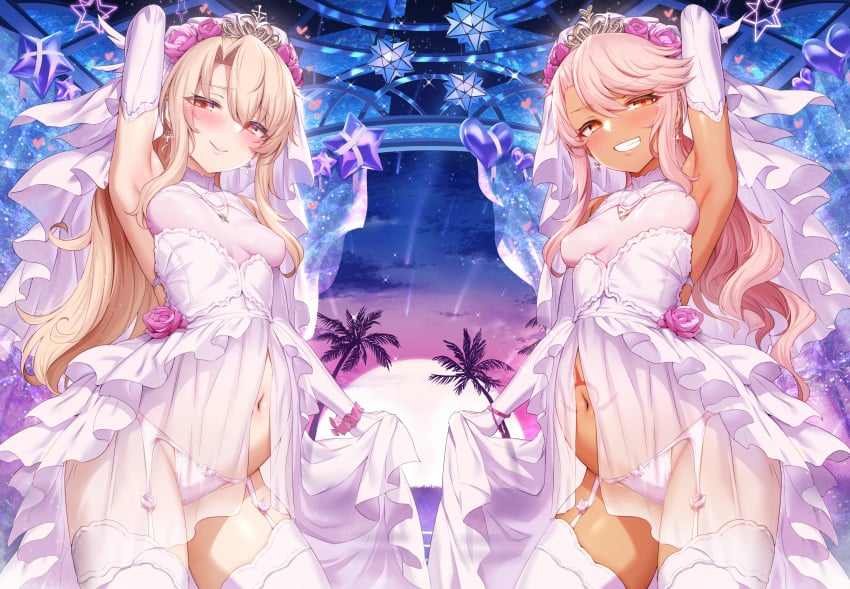 2girls armpits arms_up bangs bare_shoulders blonde_hair blush breasts bridal_veil cameltoe chloe_von_einzbern clothing crown dark-skinned_female dark_skin dress elbow_gloves fate/grand_order fate/kaleid_liner_prisma_illya fate_(series) female female_only flower garter_straps grin hair_ornament headdress headwear high_resolution honeymoon illyasviel_von_einzbern jewelry legwear light-skinned_female light_skin lingerie long_hair looking_at_viewer m-da_s-tarou navel open_clothes open_mouth orange_eyes pantsu pink_hair pregnant prisma_illya red_eyes revealing_clothes see-through see-through_clothing sisters small_breasts smile smug starry_sky stomach_tattoo tagme tattoo thick_thighs thighhighs thighs transparent_clothing underwear veil wedding_dress wedding_ring wedding_veil white_dress white_gloves white_hair white_legwear white_panties white_thighhighs white_underwear wife