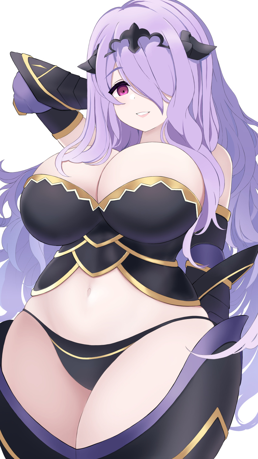 1girls absurdres arm_behind_head bare_midriff bare_thighs black_panties boots breasts camilla_(fire_emblem) cleavage female female_only fire_emblem fire_emblem_fates grin hair_over_one_eye highres huge_breasts inner_thighs kocha_(jgug7553) long_hair midriff navel nintendo panties pink_eyes purple_eyes purple_hair simple_background smile solo standing stomach thick_thighs thigh_boots thighs underwear very_long_hair white_background