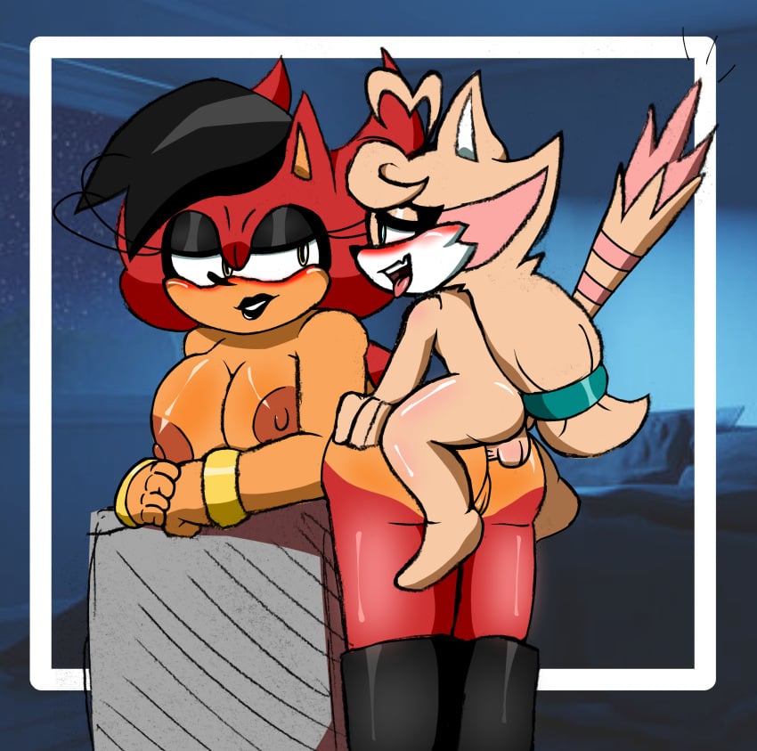 anal anal_sex anal_sex big_breasts black_lipstick boots breasts cock eyelashes femboy femboy_on_female furry furry_female furry_male furry_only makeup male/female peach_fur pussy red_fur scorchburns size_difference smaller_male sonic_(series) sonic_oc