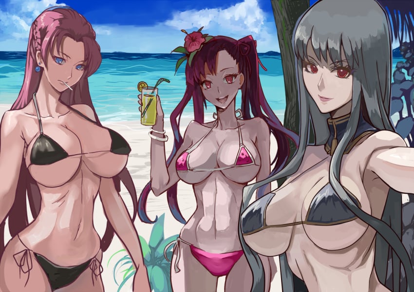 3girls beach bikini blue_eyes breasts brown_eyes cleavage earrings female flower grey_hair juliana_eberhardt large_breasts long_hair midriff mikazuki_shigure multiple_females open_mouth outdoor red_eyes red_hair riela_marcellis selvaria_bles side-tie_bikini smile standing swimsuit tied_hair twintails underboob valkyria_chronicles valkyria_chronicles_2 valkyria_chronicles_3