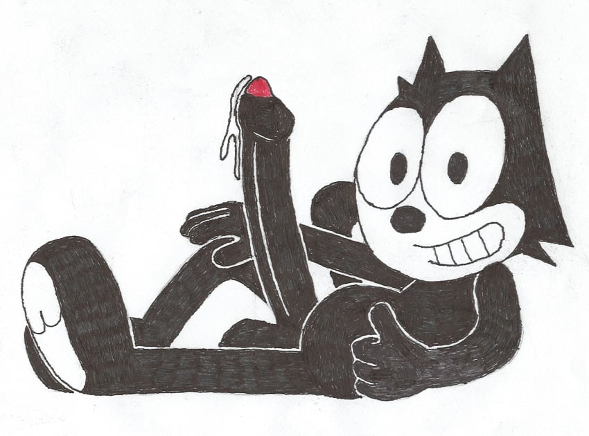 big_penis black_fur cum dreamworks erection feline felix_the_cat felix_the_cat_(series) laying_down looking_at_viewer penis r0b0t smile smiling tail thumbs_up