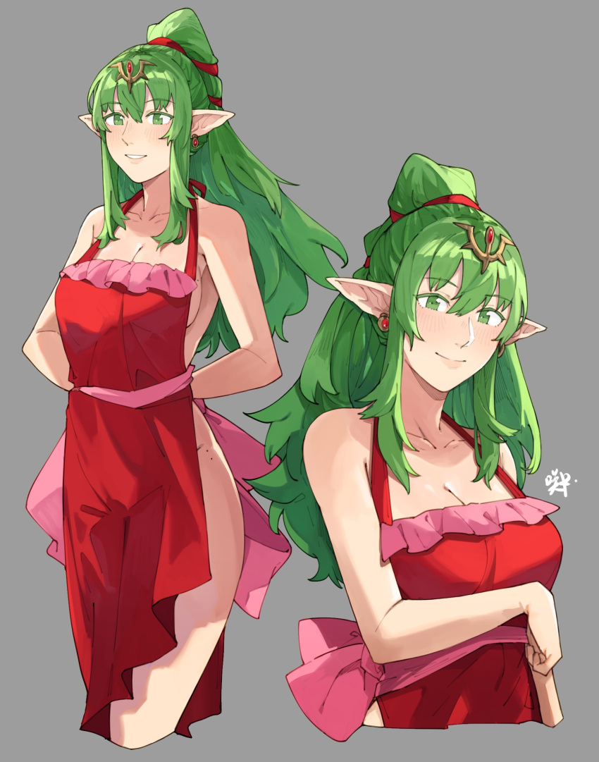 1girls alternate_costume apron blush cleavage closed_mouth earrings fire_emblem fire_emblem_awakening green_eyes green_hair grey_background grin hair_between_eyes hair_ornament highres jewelry large_breasts lips long_hair looking_at_viewer naked_apron nintendo pink_lips pointy_ears ponytail red_apron sakuremi sidelocks signature simple_background smile solo tiki_(adult)_(fire_emblem) tiki_(fire_emblem)