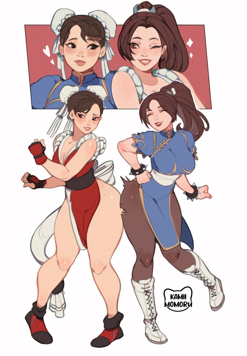 2girls artist_name blush brown_eyes brown_hair capcom chun-li clothing_swap crossover fatal_fury female female_only hi_res hip_to_hip kamii_momoru king_of_fighters long_hair mai_shiranui multiple_girls ponytail smile snk street_fighter twin_buns white_background wink