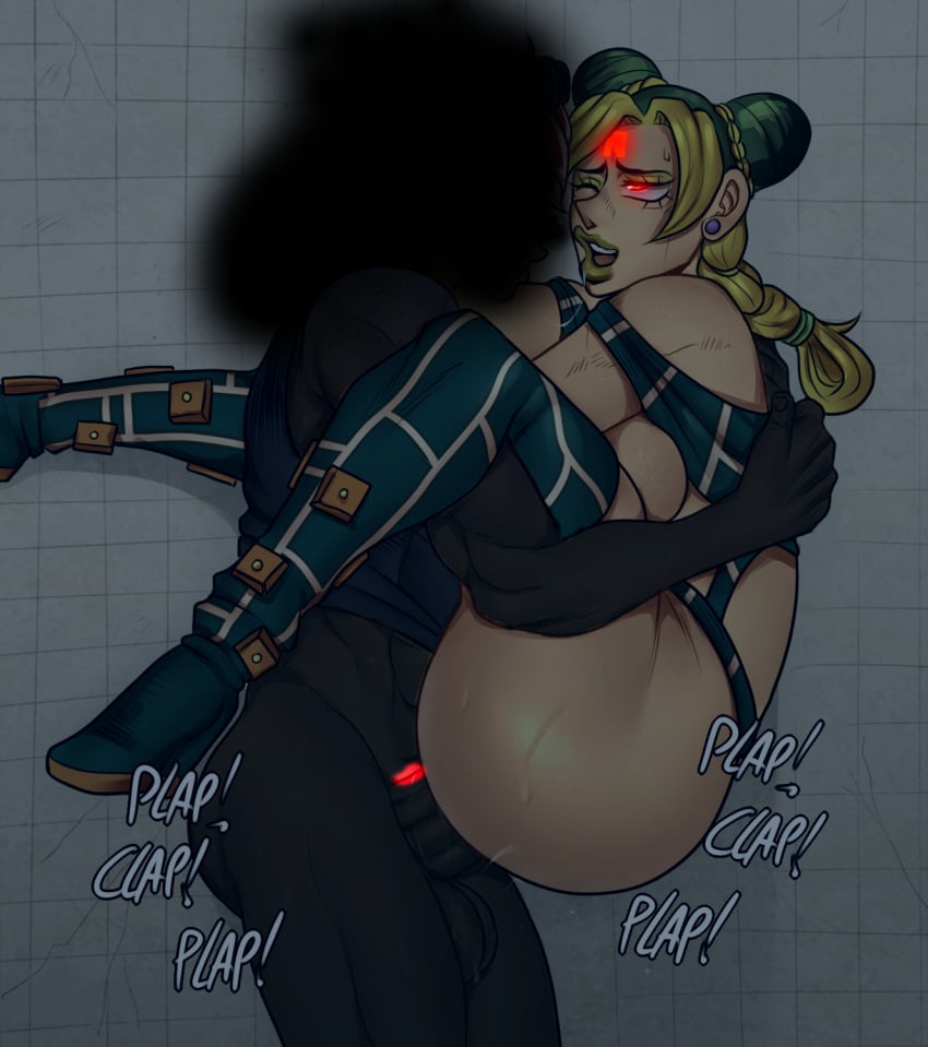 1boy 1girl 1girls 2d anal anal_penetration anal_sex bad_end bathroom bathroom_tiles black_body black_skin bubble_ass bubble_butt corruption dark-skinned_male defeated defeated_heroine detailed_background detnox earrings edit edited female green_hair green_lipstick held_up indoors jojo's_bizarre_adventure jojo_no_kimyou_na_bouken jolyne_kujo large_ass lipstick mind_control night picking_up plap plapping red_eyes sex smoke smoke_head stone_ocean suspended_congress symbol_on_head tile_wall tiles vakos white_tiles