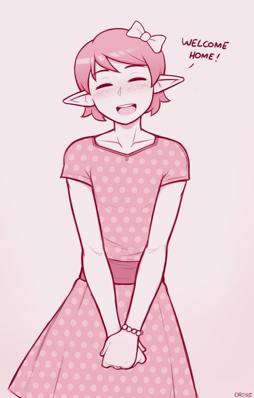 1boy aranel_(dross) bow boywife bracelet closed_eyes crossdressing cute cute_male dress dross elf elf_ears elf_femboy elf_male femboy femboy_only girly greeting male male_only male_wife monochrome not_porn oc original original_character pearl_bracelet pink_hair polka_dot polka_dot_dress safe safe_for_work sfw simple_background smile solo talking_to_partner welcoming wholesome