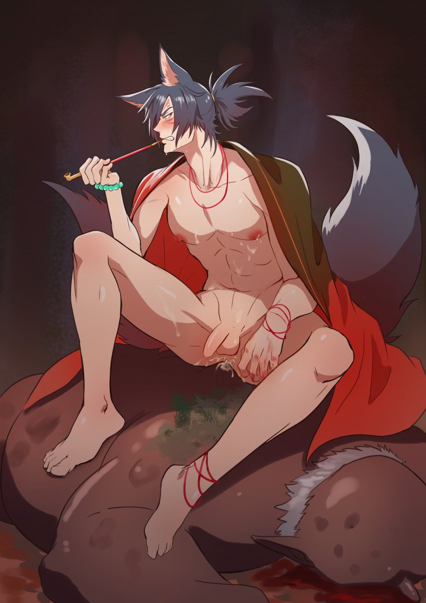 big_penis gay kitsune penis sana_(artist) smoking smoking_pipe sweat sweating