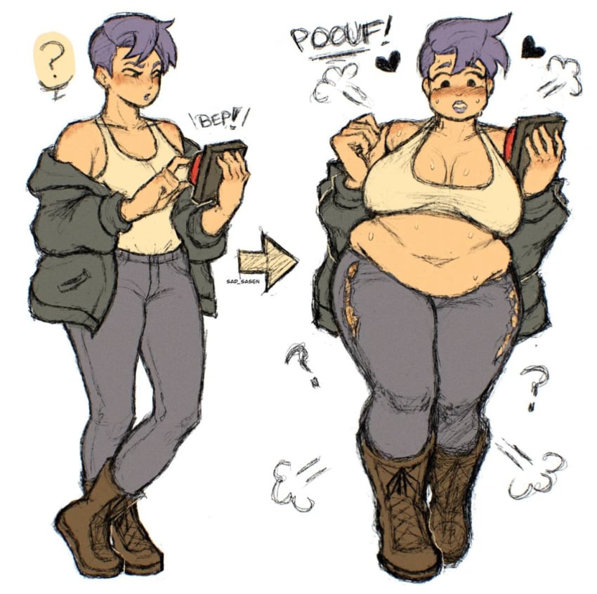 blue_hair chubby chubby_female fat fat_woman huge_boobs huge_thighs ripped_clothing ripped_pants sad_sasen sweaty sweaty_body tagme tight_clothing weight_gain wide_hips