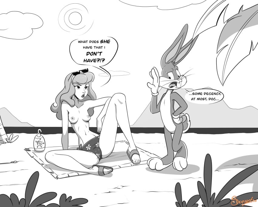 1boy 1girl 1girls anthro areolae beach beach_towel bikini_bottom breasts bugs_bunny bunny casual clothing crossover daphne_blake female human joke looney_tunes monochrome nipples no_sex pale_skin sandals scooby-doo sequestro sunglasses sunglasses_on_head sunscreen swimwear topless_female