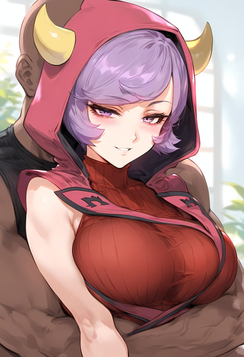 1boy 1girls ai_generated bald bangs bare_shoulders blush breasts clothing courtney_(pokemon) courtney_(pokemon_oras) curvaceous curvaceous_female curvaceous_figure curvy curvy_figure dark-skinned_male dark_skin fake_horns female female_focus grin hood hoodie horned_headwear horns hug interracial large_breasts looking_at_viewer male nakatori parted_lips pokemon pokemon_(game) pokemon_character pokemon_omega_ruby_&amp;_alpha_sapphire pokemon_oras pokemon_ruby_sapphire_&amp;_emerald purple_eyes purple_hair ribbed_sweater short_hair sleeveless smile solo straight sweater swept_bangs team_magma upper_body voluptuous voluptuous_female