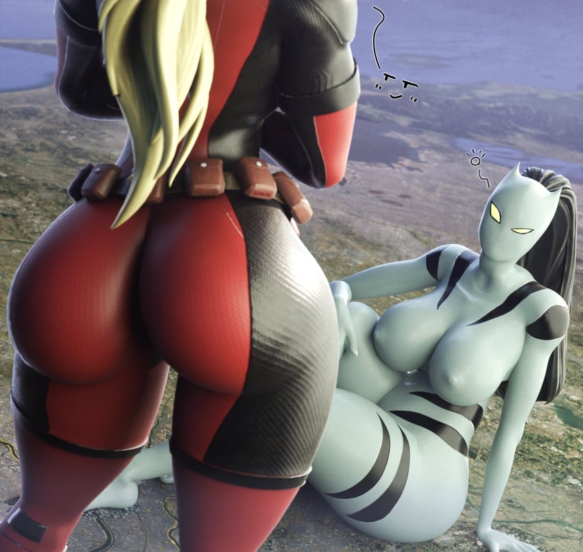 2girls 3d antiheroine ass ava_ayala big_ass big_breasts big_butt black_hair black_hair_female blonde blonde_female blonde_hair blonde_hair_female breasts deadpool_&_wolverine_(2024) deadpool_(film) from_behind from_behind_position front_view giantess giga_giantess lady_deadpool long_hair looking_at_another marvel marvel_comics multiple_females multiple_girls nipple_bulge pawg sitting standing wanda_wilson white_tiger_(marvel) wotm8h8