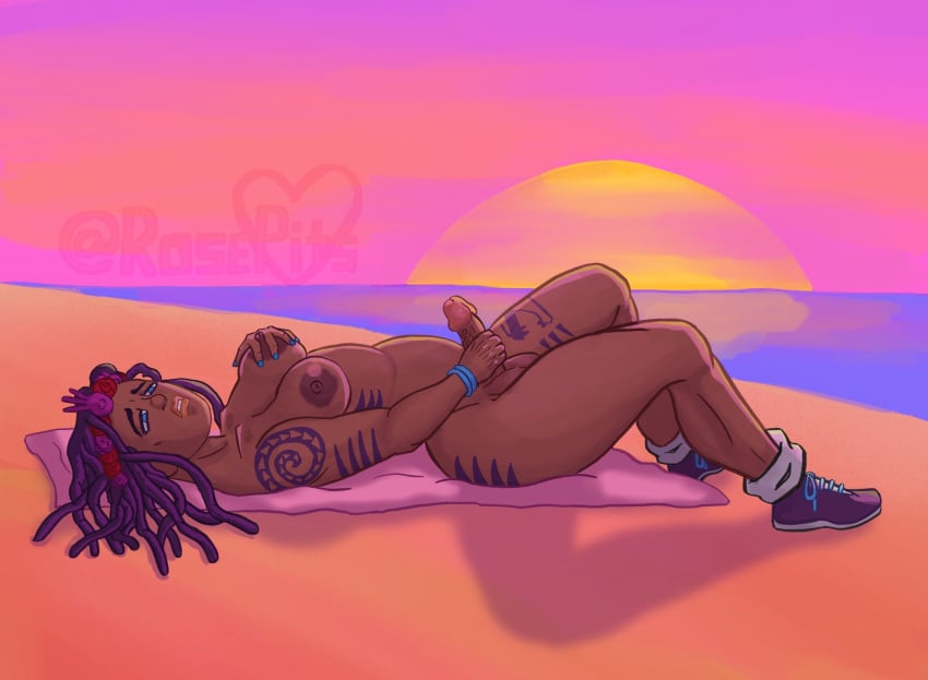 afternoon balls beach breasts dark_skin dragona_joestar dreadlocks jojo's_bizarre_adventure masturbation ocean penis rosepits shoes_only sunset tattoos the_jojolands