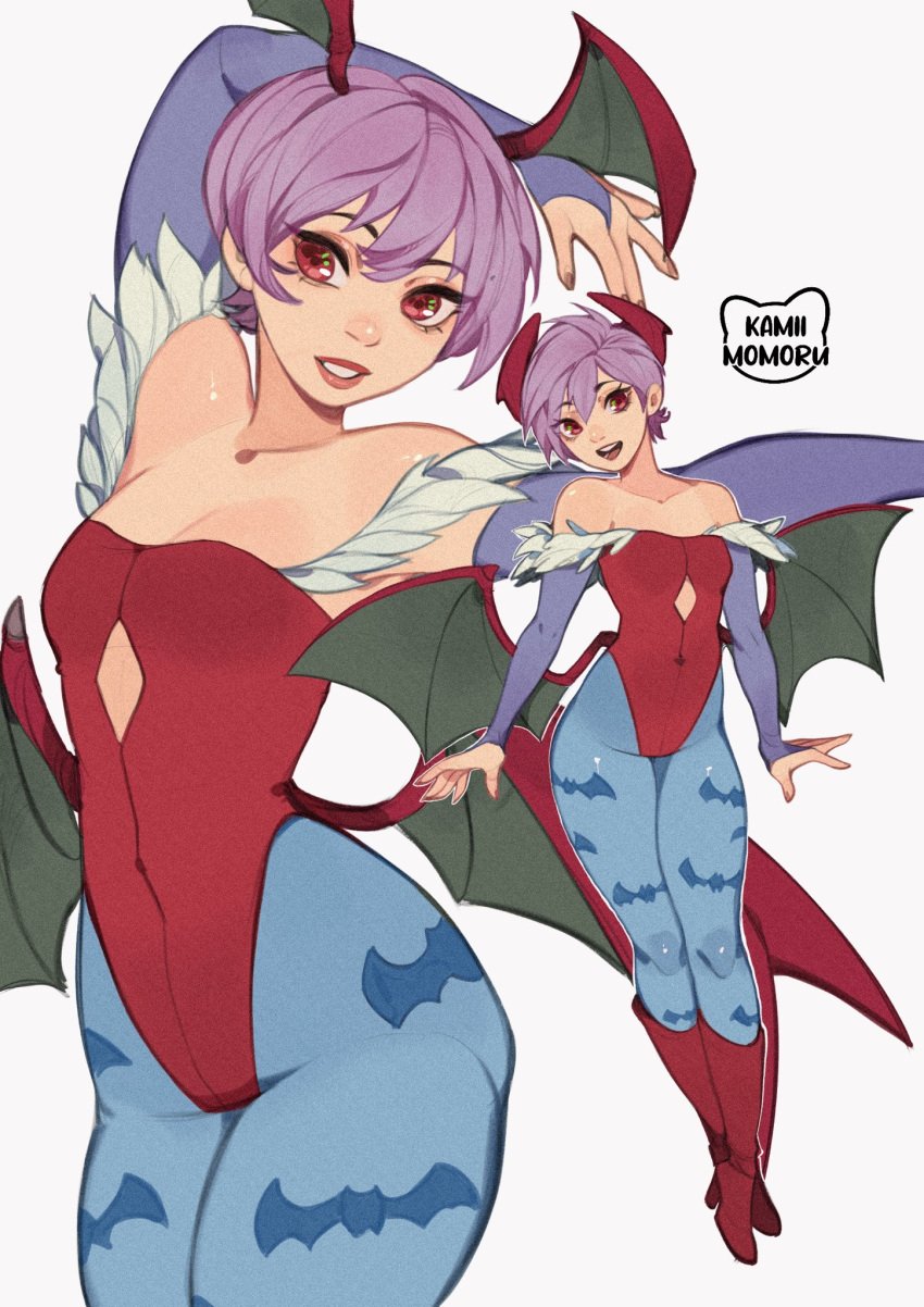 1girls 2024 artist_logo artist_name bat_print blue_pantyhose capcom darkstalkers female female_only flat_chest gauntlets head_wings heel_boots hi_res kamii_momoru leotard lilith_aensland looking_at_viewer pantyhose purple_hair red_eyes smiling smiling_at_viewer solo succubus succubus_wings white_background wings