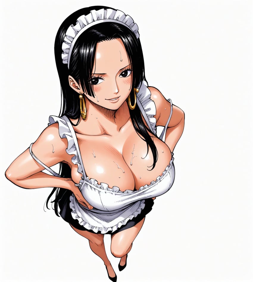 ai_generated alluring almost_naked almost_nude big_boobs big_breasts black_eyes black_hair blush boa_hancock boobs breasts earring earrings female female_only high_heels looking_at_viewer maid maid_cap maid_dress maid_headdress maid_outfit maid_uniform one_piece seducing seduction seductive seductive_body seductive_eyes seductive_gaze seductive_look seductive_mouth seductive_pose seductive_smile shiny_hair shiny_skin snake_earrings sweat sweatdrop sweating sweaty sweaty_body voluptuous voluptuous_female yashin