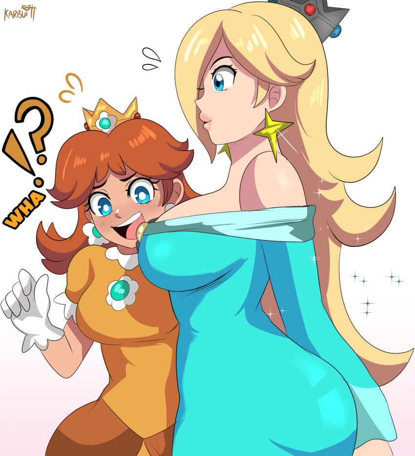 !? 2girls bare_shoulders big_breasts blonde_hair blue_eyes breast_awe breasts brown_hair busty crown earrings female hair_over_one_eye huge_breasts karbuitt light-skinned_female light_skin mario_(series) nintendo princess_daisy princess_rosalina staring_at_breasts text