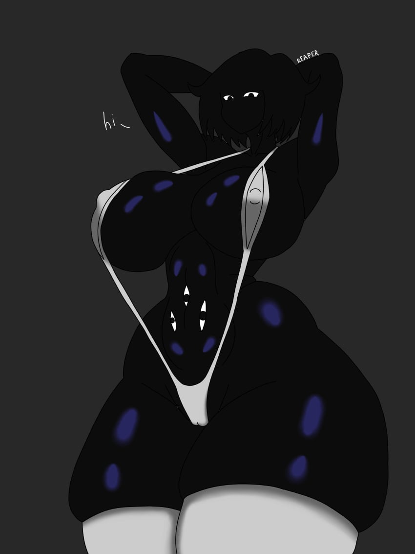 analog_horror bikini black_body black_eyes black_hair black_skin breasts entity erect_nipples erect_nipples_under_bikini erect_nipples_under_clothes female gigantic_breasts huge_ass humanoid monster multiple_eyes nate_hand_gesture nipples pussy sling_bikini staring staring_at_viewer tagme thigh_highs void wide_hips