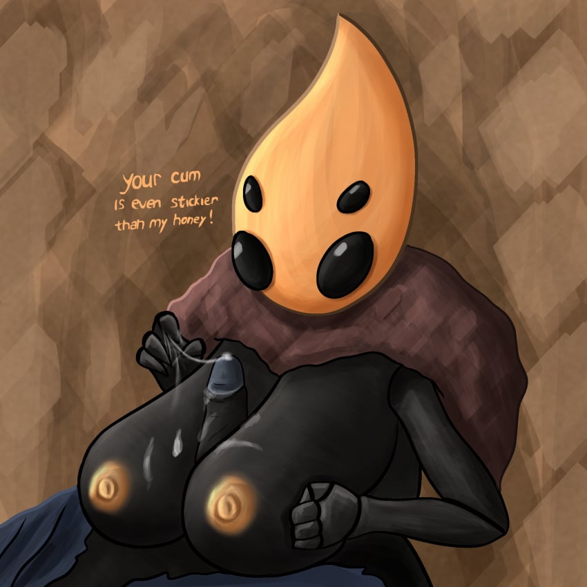 1boy 1girls anthro anthro_on_anthro bee big_breasts boobjob breasts_together bug cum_on_breasts cum_on_hand cum_on_penis cum_string female female female_focus fur hollow_knight insect_girl insect_humanoid insects male nokkmaple paizuri paizuri_lead_by_female queen_vespa the_knight_(hollow_knight) yellow_areola