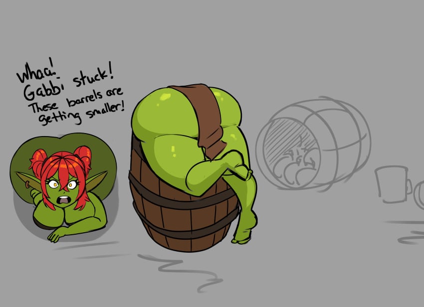 1girls alternate_version_available ass ass_bigger_than_torso ass_focus ass_out ass_up barrel big_breasts breasts commission english_text fat_ass female goblin goblin_female huge_ass loincloth lolotron simple_background stuck stuck_in_object thick_ass thick_thighs yellow_eyes