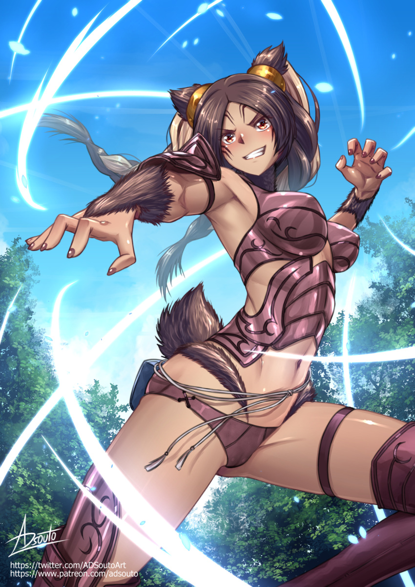 1girls adsouto armor ass_visible_through_thighs bikini_armor body_fur braid breasts brown_eyes brown_hair dark-skinned_female dark_skin facial_mark female female_only fire_emblem fire_emblem_awakening grin highres long_hair medium_breasts navel nintendo panne_(fire_emblem) shoulder_armor signature smile solo tail twin_braids