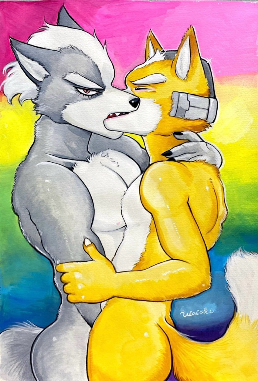 2boys anthro artist_name canid canine canis claws closed_eyes facing_another fox fox_mccloud french_kiss from_side furry furry_male furry_with_furry highres kissing looking_at_viewer male male_focus multiple_boys nude profile rainbow_background star_fox tail traditional_media ulala_ko wolf wolf_o&#039;donnell yaoi