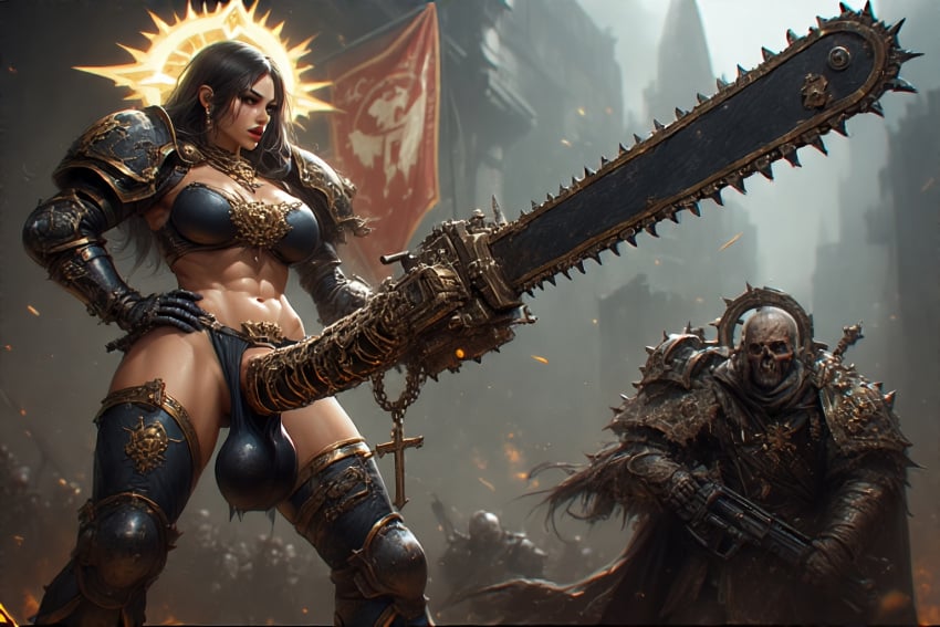 abs ai_generated balls battle big big_balls big_breasts chainsaw chainsaw_penis cross crucifix depraved247 futanari gigantic_breasts intersex muscular nipple_piercing penis_weapon sister_of_battle warhammer_40k weapon