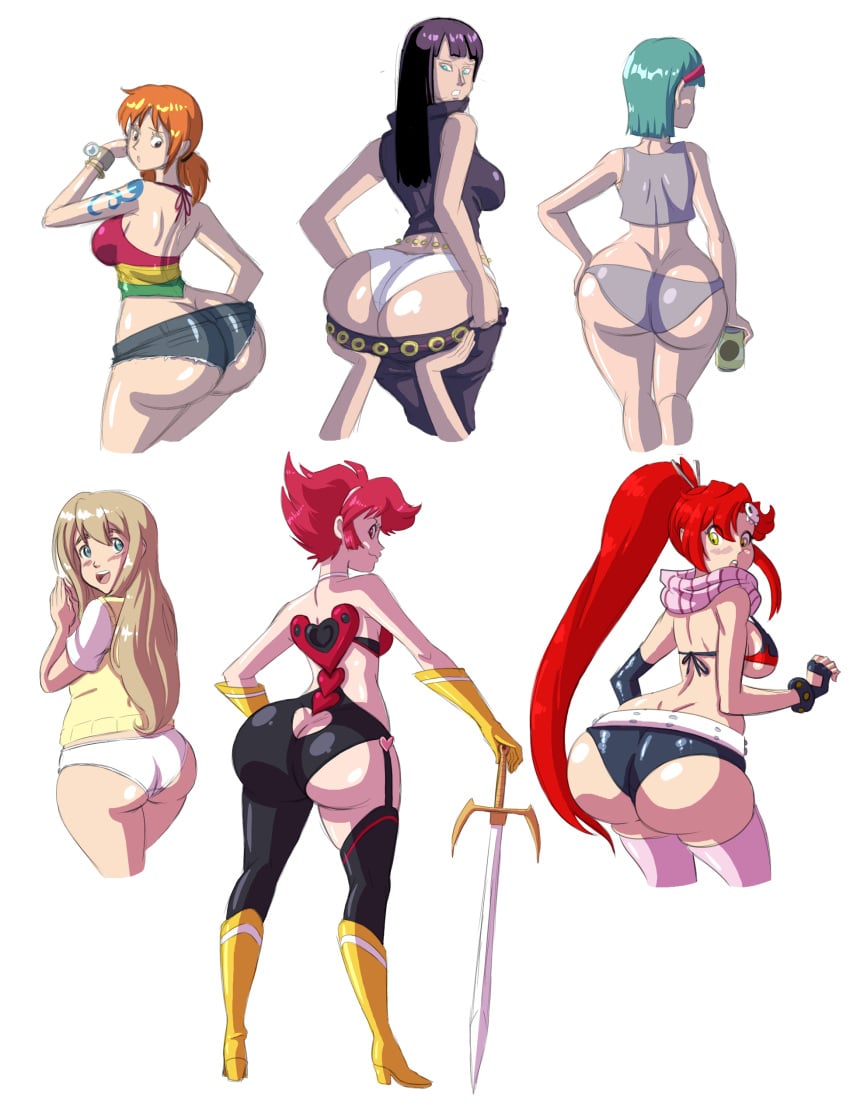 00s 6girls android ass_cleavage axel-rosered big_butt black_hair blonde_hair breasts bulma_briefs bulma_briefs_(frieza_saga) butt butt_crack choker crossover cutie_honey cutie_honey_(character) dat_ass dragon_ball dragon_ball_z female female_only green_hair heart honey_kisaragi huge_butt human human_only k-on! large_breasts light-skinned_female light_skin looking_back multiple_females multiple_girls nami nico_robin one_piece orange_hair panties ponytail pre-timeskip re:_cutie_honey red_hair short_hair sword tengen_toppa_gurren_lagann tied_hair tsumugi_kotobuki_(k-on!) weapon yoko_littner