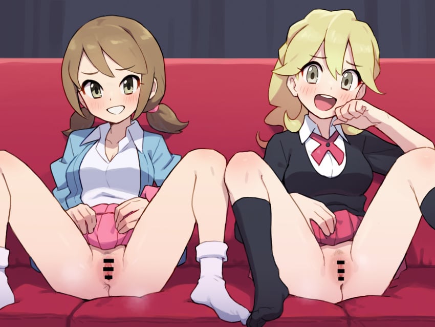 2girls :d bar_censor black_socks black_sweater blonde_hair blush breasts brown_eyes brown_hair censored chiwino clothes_lift collared_shirt commentary_request couch female grin hand_up happy indoors jacket knees lass_(pokemon) lifting_own_clothes long_hair multiple_girls open_clothes open_jacket open_mouth pink_skirt pokemon pokemon_oras pokemon_xy pussy shirt short_twintails skirt skirt_lift smile socks spread_legs steaming_body sweater teeth twintails upper_teeth_only white_shirt white_socks