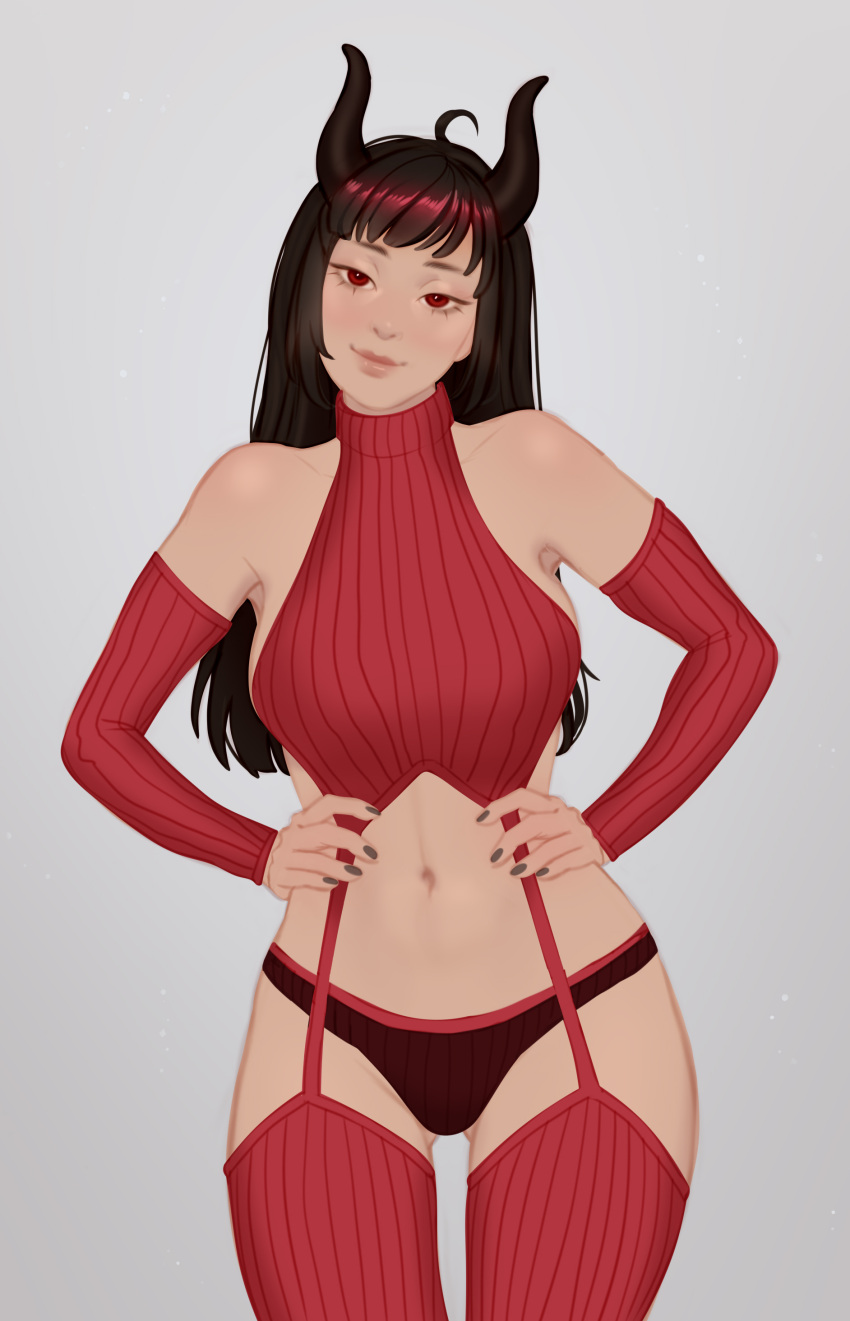 ahoge belly_button black_fingernails black_hair black_horns bnvt breasts bruneian bruneian_vtuber female hands_on_waist horns indie_virtual_youtuber indie_vtuber jakkel_draws knitted_sweater long_hair may_asakura_(bnvt) medium_breasts navel panties red_eyes red_highlights red_outfit red_panties sideboob sleeves smug smug_face tanned_skin virgin_destroyer_sweater virtual_youtuber vtuber