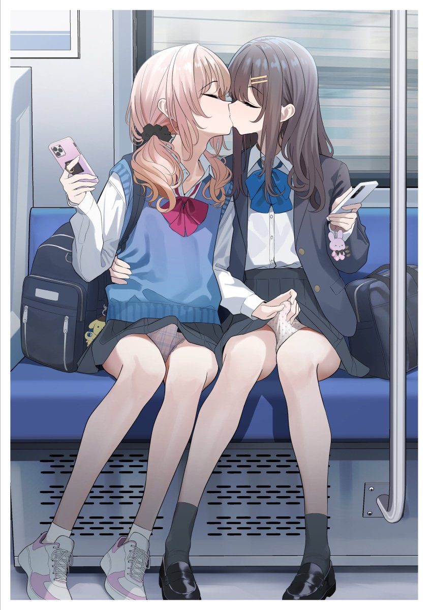 2boys absurdres adam&#039;s_apple backpack bag blonde_hair blue_bow blue_bowtie bow bowtie brown_hair bulge cellphone collared_shirt crossdressing crossdressing_(mtf) erection erection_under_clothes gay gay_male grey_socks handjob handjob_over_clothes highres kissing loafers long_hair male male_focus multiple_boys original panties penis_grab phone plaid_clothes plaid_panties pleated_skirt polka_dot polka_dot_panties pompompurin red_bow sanrio shirt shoes sitting skirt sleeveless sleeveless_sweater smartphone sneakers socks sweater trap turisasu underwear very_long_hair white_panties white_shirt white_socks yaoi