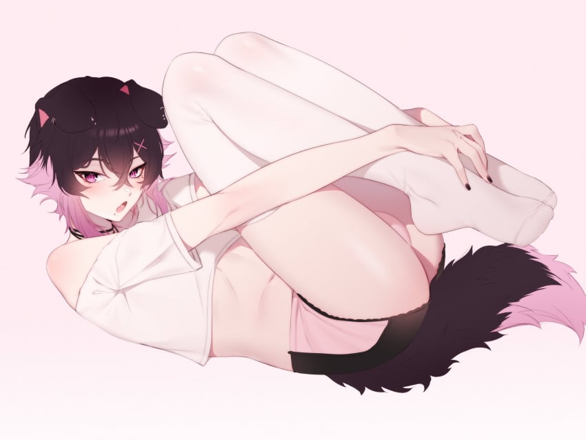 2_tone_hair beauty_mark black_hair booty_shorts bulge bulge_through_clothing crop_top dog_ears dog_tail ear_piercing fanart femboy femboy_only gomi-cake hugging_legs joei_wanko male male_only mole_under_eye mole_under_mouth multicolored_hair painted_nails pale_skin pink_and_black_hair pink_eyes pink_hair puppy puppyboy soft_shading thighhighs vtuber vtuberfanart