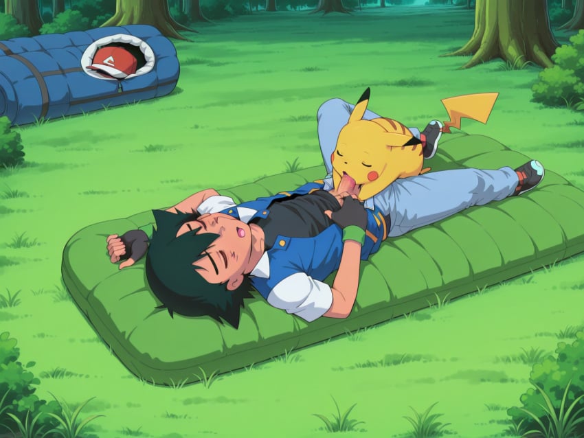 aged_up ai ai_assisted ai_generated anime anime_coloring anime_style blowjob blowjob_only blowjob_while_clothed clothed clothed_sex forest game_freak moaning morning nintendo pikachu pokemon pokephilia pokeporn satoshi_(pokemon) sleeping sleeping_bag