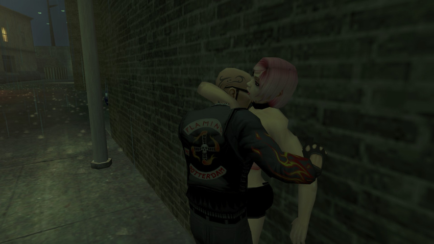 3d big_breasts biker breasts collar female foreplay hitman hitman_contact_(2004) hooker io-interactive kissing large_breasts official_art pink_clothing pink_hair prostitution rain raining screenshot see-through see-through_top video_games white_skin whore