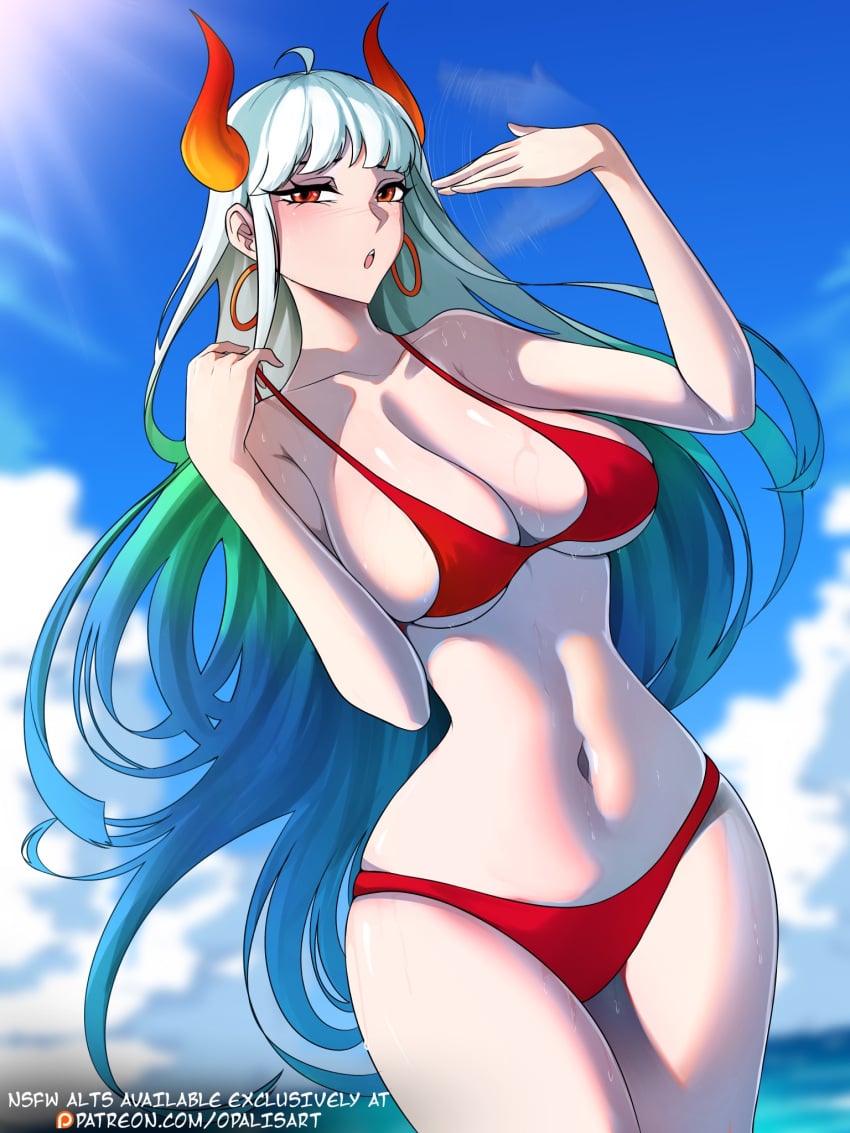1girls artist_name beach big_breasts bikini blue_highlights busty curvy earrings fanning_self green_highlights hoop_earrings horns hot light-skinned_female light_skin one_piece opalisart red_bikini red_eyes swimsuit white_hair yamato_(one_piece)