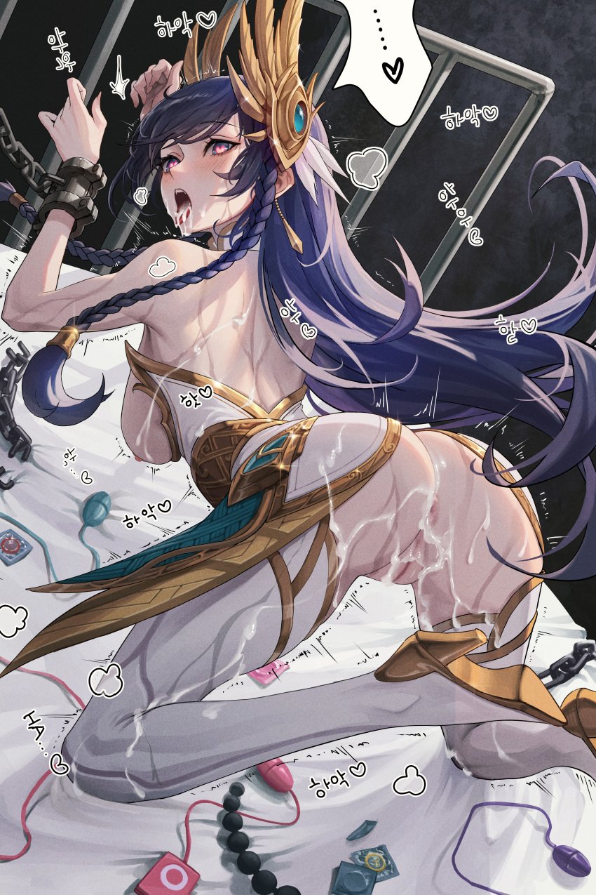 ^^^ absurdres anus ass back bare_arms bare_shoulders bondage boots bound bound_wrists braid breasts commission condom condom_wrapper cum cum_in_mouth cum_on_body divine_sword_irelia female hair_ornament heart heart-shaped_pupils high_heel_boots high_heels highres irelia irelia_xan league_of_legends long_hair looking_back nipples on_bed purple_hair pussy sex_toy solo symbol-shaped_pupils thigh_boots tongue tongue_out twin_braids twitching white_boots yeonrizee