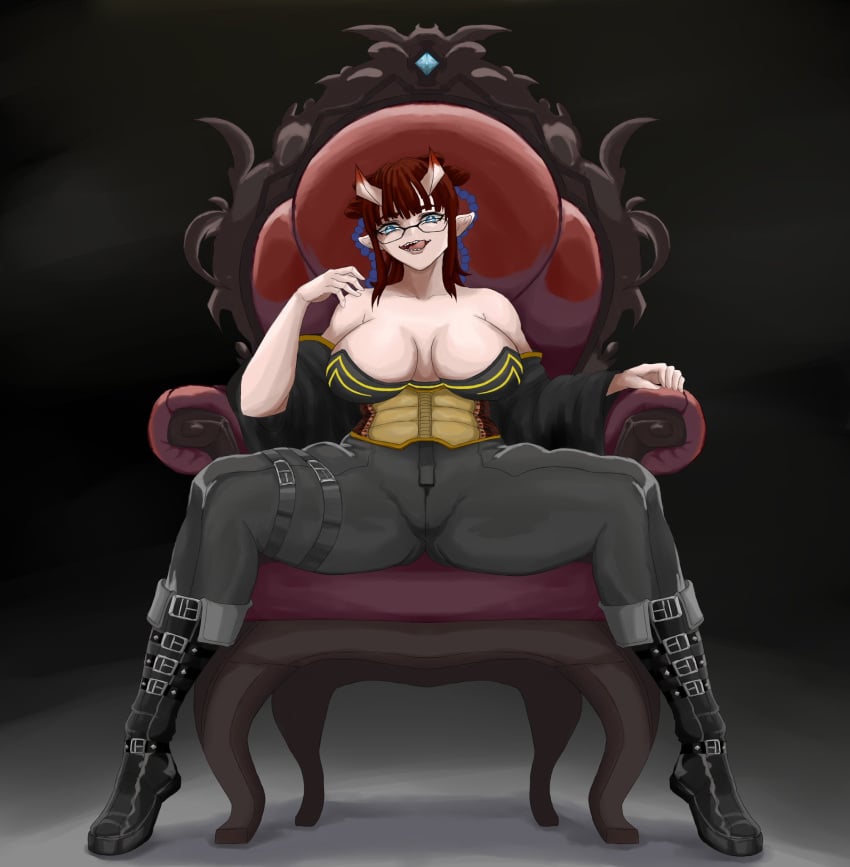 big_breasts big_thighs big_titties clothing curvaceous curvaceous_female curvaceous_figure curvy curvy_figure curvy_hips female female_focus female_only mulyshav oni_female oni_horns original original_character red_hair short_hair sitting_on_chair sitting_on_throne spread_legs