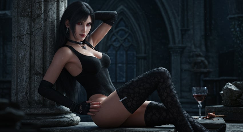 2025 3d arm_over_head black_hair bodysuit busty busty_female earrings female final_fantasy final_fantasy_vii final_fantasy_vii_remake goth goth_girl goth_makeup highres jewelry leshay7 lying_on_back makeup pose posing red_eyes sitting stockings tifa_lockhart vampire_girl white_skin