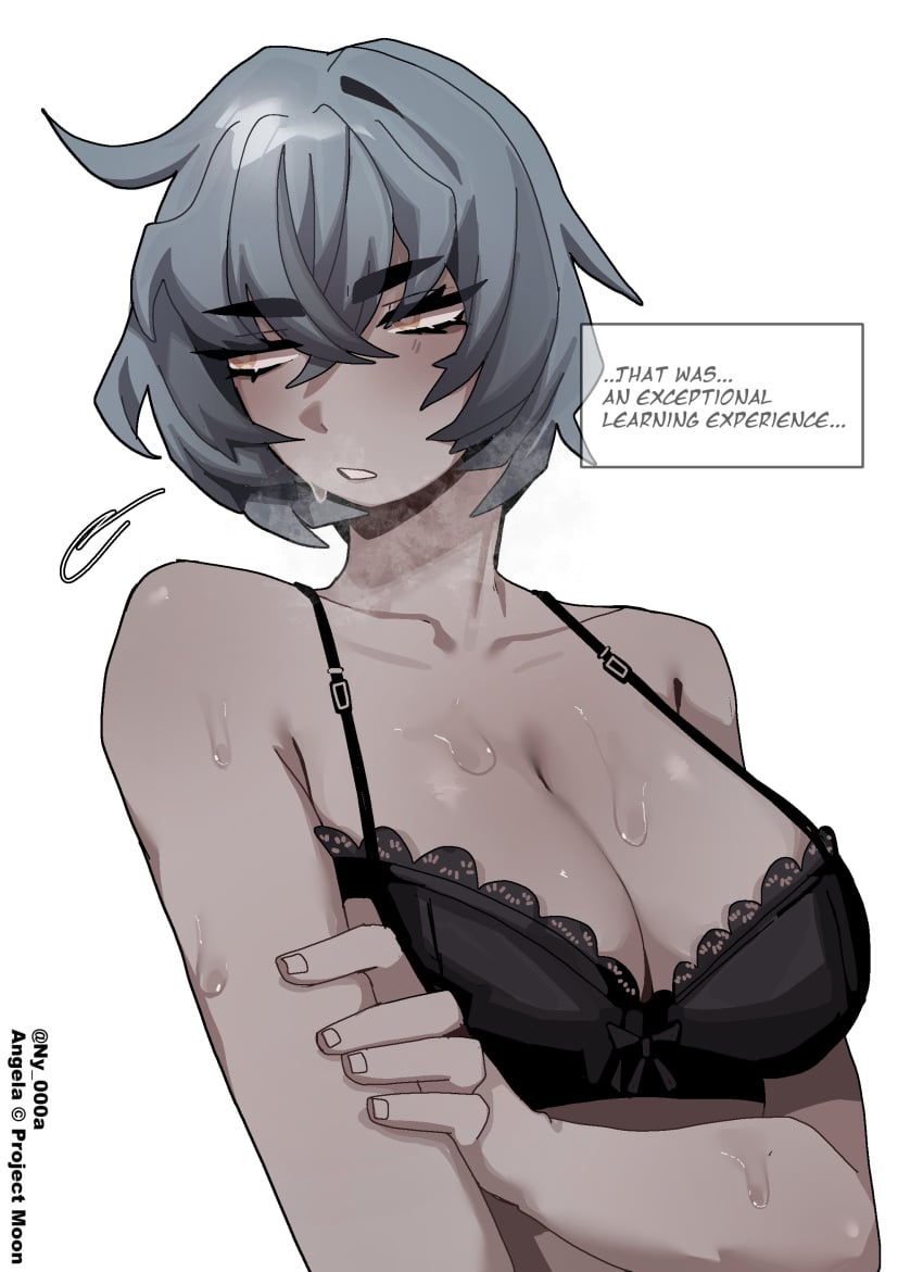 1girls angela_(lobotomy_corporation) big_breasts blue_hair bra library_of_ruina ny_000a orange_eyes project_moon short_hair solo standing sweat text
