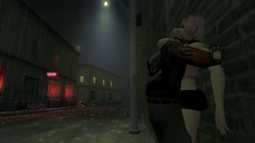 3d big_breasts biker breasts brothel collar foreplay hitman hitman_contact_(2004) io-interactive kissing large_breasts official_art pink_clothing pink_hair rain raining screenshot see-through see-through_top video_games white_skin