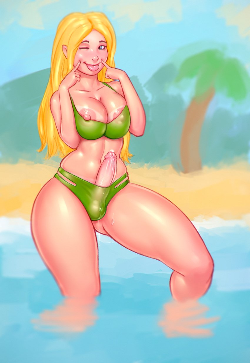 1futa areola_slip beach blonde_hair blue_eyes breasts cleavage erection futa_only futanari hair intersex large_breasts long_hair navel nipple_slip nipples outdoor partially_submerged penis precum solo standing sumohand tanline tongue tongue_out wink