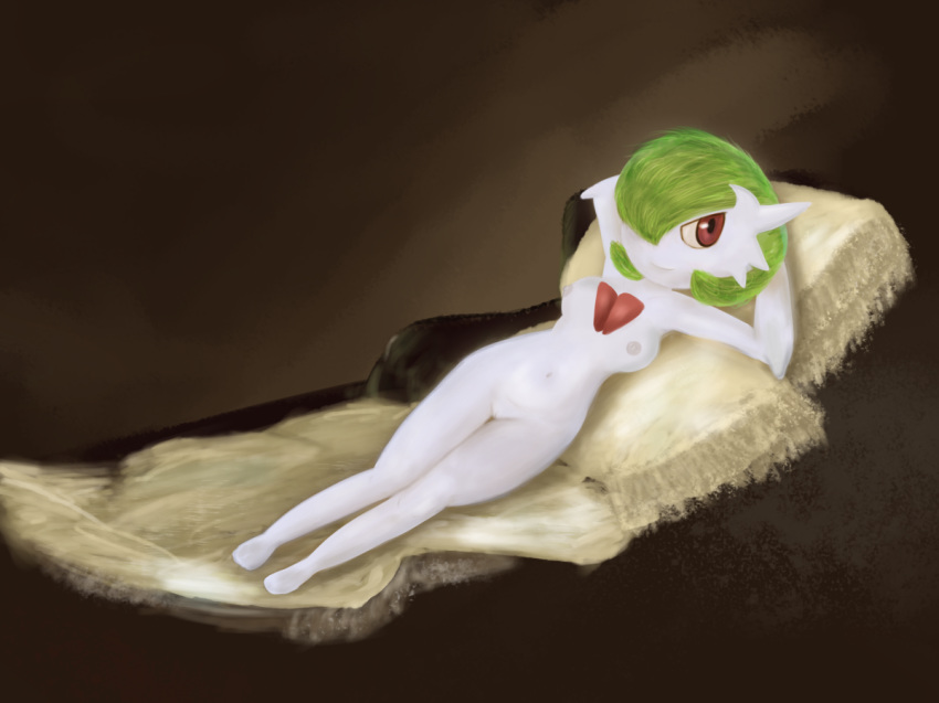 1girls 2015 animal_humanoid anthro bed big_breasts breasts female female_gardevoir female_only fine_art_parody gardevoir green_hair hair humanoid la_maja_desnuda looking_at_viewer lying mammal mega_evolution mega_gardevoir nintendo nipples nude parody pillow pokemon pokemon_(species) pokemon_rse pussy red_eyes smile solo video_games zekromlover