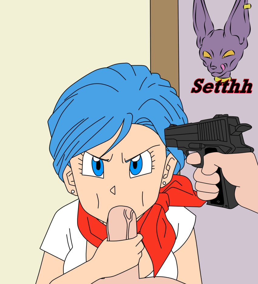 angry_sex blowjob blue_eyes blue_hair bulma_briefs dragon_ball dragon_ball_super fellatio female forced forced_fellatio forced_oral gun gun_to_head gunpoint looking_at_viewer male oolong oral_sex penis setthh98 sex_or_death sucking veiny_penis